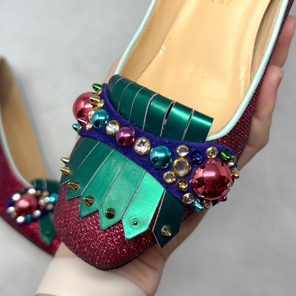 Christian Louboutin Oaxacana 45 Glitter Studded Fringe Heeled Loafer Flat Shoes - Picture 6 of 16